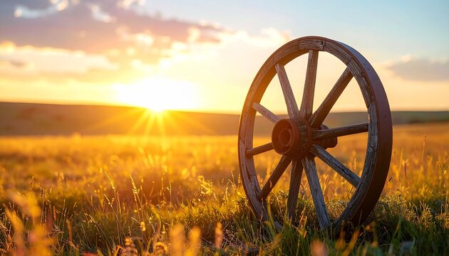 Vintage wooden wagon wheel in a golden prairie field at sunset evoking Calgary Stampede heritage