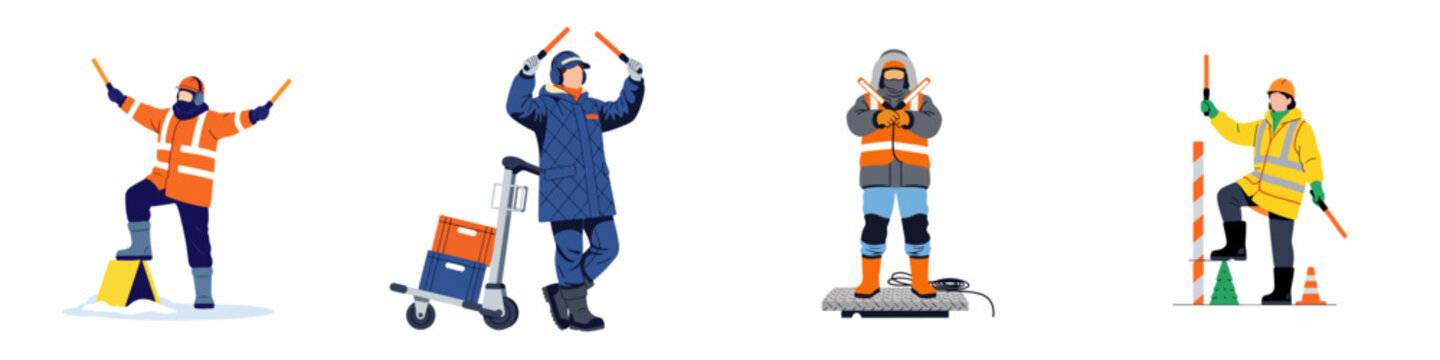 Set of ground crew illustrations showing airport workers in winter gear using signal batons and handling luggage.