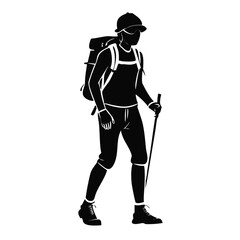 Fototapeta premium Silhouette depicts person hiking, equipped with backpack and trekking pole. Person hiking wears hat, shirt, shorts, and boots, prepared for nature trails. Good for outdoor lifestyle, travel marketing.