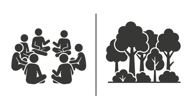 A split screen graphic showing a group of people sitting in a circle next to a forest of trees.