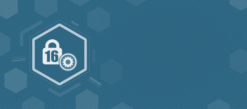 This digital graphic features a secure lock with settings gear icon, providing ample copy space for custom text in a blue technological background. Ideal for modern software interface design.
