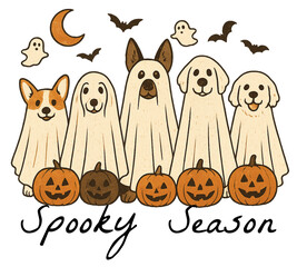 Naklejka premium Spooky Season Dogs Wearing Ghost Costumes Slogan Design, Halloween Canine Themed Graphic