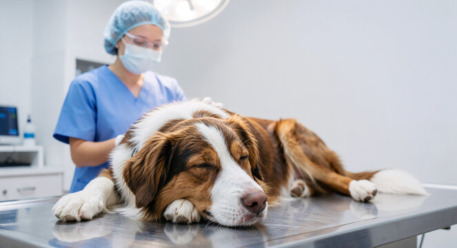 Professional veterinarian in scrubs performing a medical examination on an Australian Shepherd dog lying sedated on a stainless steel surgical table in a modern, sterile veterinary clinic setting
