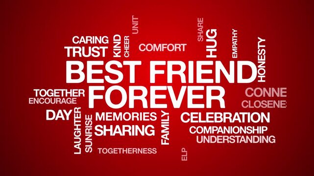 Best friends forever BFF concept Animated Tag Word Cloud kinetic typography, Text Design Animation typography seamless loop video motion graphics Intro Wordart arrangement red background bg backdrop