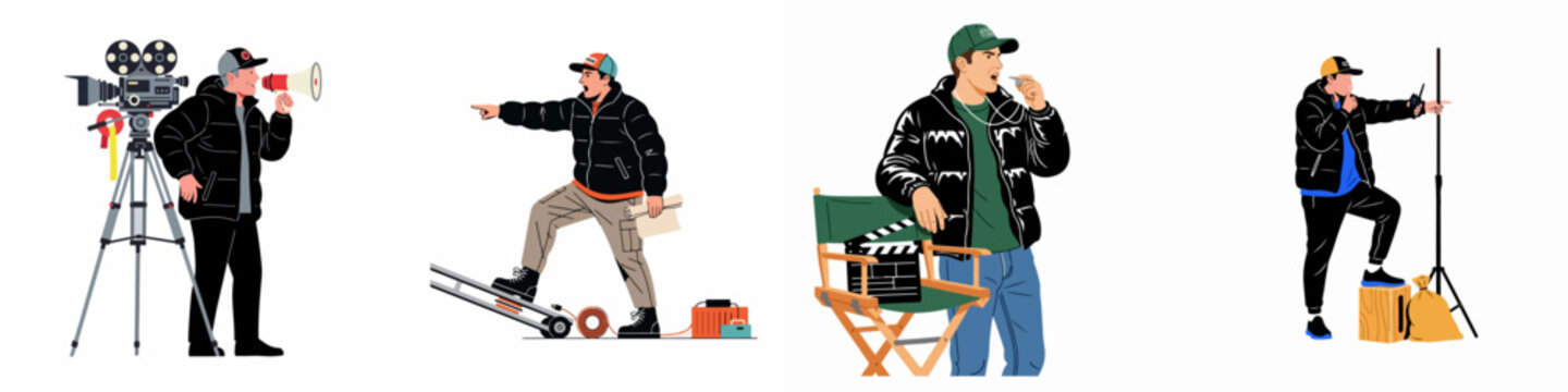 Set of professional film crew members working on a movie set, including director, cameraman, and assistant illustrations on a white background.