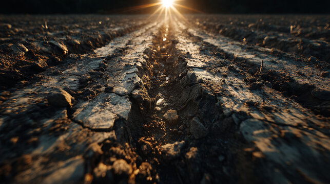 Wide shot of freshly plowed farm field with a sunset on the horizon showcasing soil furrows and rugged terrain