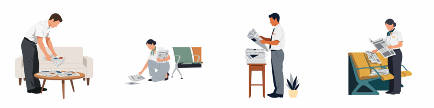 Vector illustration set of airport lounge staff or hotel personnel organizing, stacking, and distributing newspapers in waiting areas and lounges.