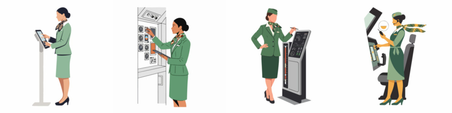 Set of illustrations featuring air hostesses in green uniforms using digital tablets, kiosks, and control panels for airline operations and customer service.
