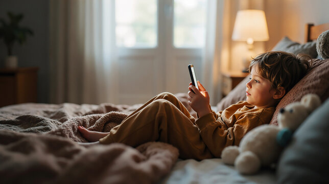 Little boy lying comfortably in bed at home in the evening while holding a smartphone and watching content with a focused expression in a warm and cozy bedroom setting with soft ambient lighting