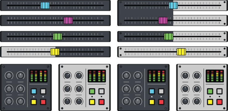 Audio Mixer Control Panel Icon Set with Faders Sliders Knobs and Level Meters for Sound Design Music Production Graphic Elements