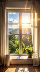 Fototapeta premium Sunlit Window Overlooking Lush Mountain Landscape with Curtains and Potted Plant