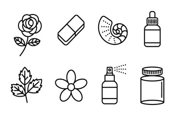 Botanical Aroma Icons Featuring Rose Bloom Sandalwood Stick Orange Peel Oil Vial Mint Leaf Jasmine Flower Aroma Mist and Glass Jar Linear Design © HYPER