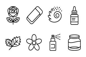 Botanical Aroma Icons Featuring Rose Bloom Sandalwood Stick Orange Peel Oil Vial Mint Leaf Jasmine Flower Aroma Mist and Glass Jar Linear Design © HYPER