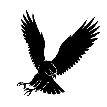 Black silhouette of soaring eagle against white background.