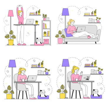 Blonde woman freelancer working from home set with laptop on standing desk sofa and chair, stretching and video call with cat, flat vector illustration collection