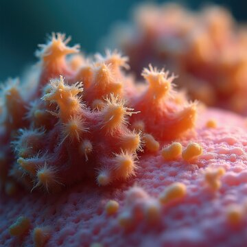 Microscopic view of coral polyp polyps extended. Tiny tentacles reach out from base structure. Small yellow buds appear on pink textured surface.