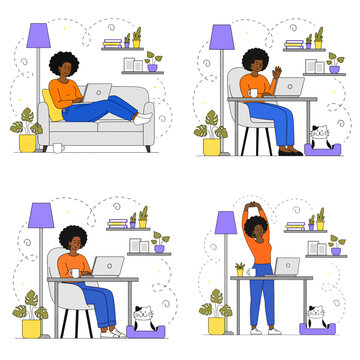 Curly haired woman working from home set with laptop on sofa desk and chair, stretching and video call, cat and plants flat vector illustration collection