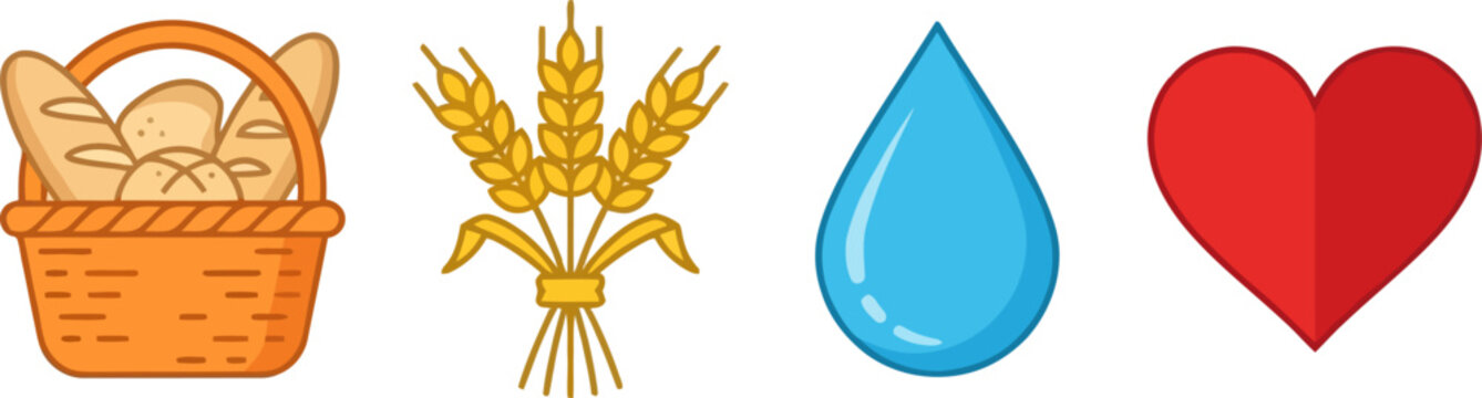 Basket of bread wheat and water droplet with heart vector illustration concepts of sustenance and care