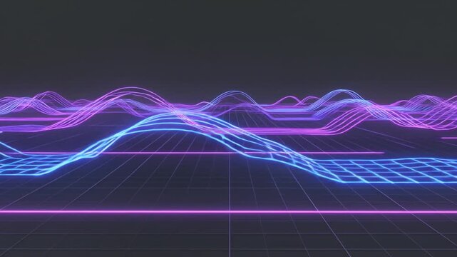 Abstract financial lines in vibrant pink and blue loops create a dynamic visual flow across a dark grid background, illustrating continuous motion and progression in a digital landscape
