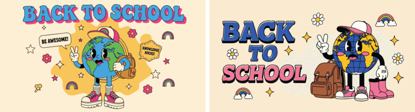 A set of two retro-style horizontal vector banners featuring a cute anthropomorphic Earth globe mascot wearing a cap and holding a backpack