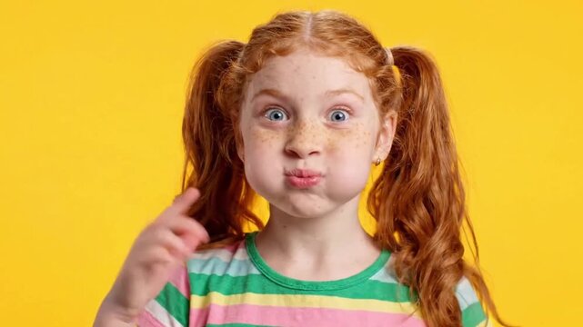 A young girl with red hair and freckles making a funny face with her tongue out and fingers on her temples on yellow background