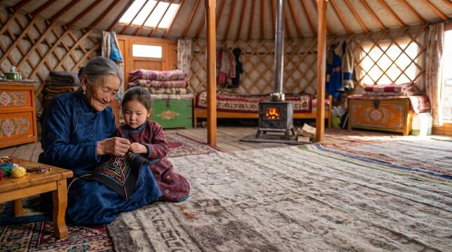 An elderly Mongolian woman patiently teaches a young girl embroidery while sitting on a rug inside a spacious traditional ger