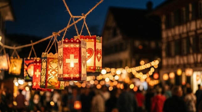 Swiss National Day paper lanterns with white cross designs hanging at night during a lively festival in a town street