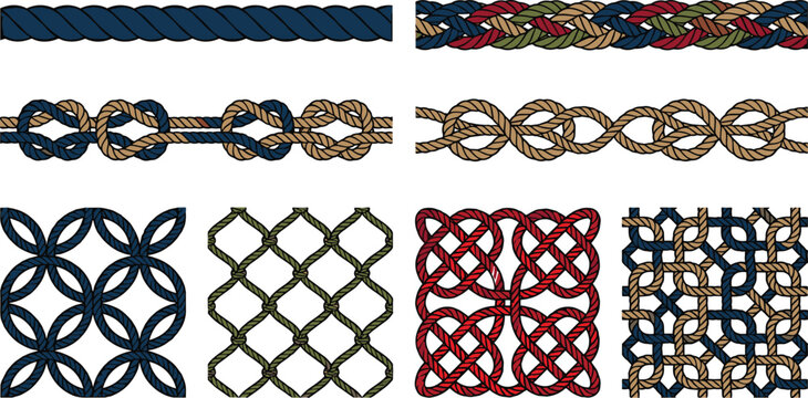 Nautical Rope Brushes and Seamless Knot Patterns Featuring Celtic Braids, Marine Twine Borders, Fishing Net Meshes, and Decorative Cordage Frameworks