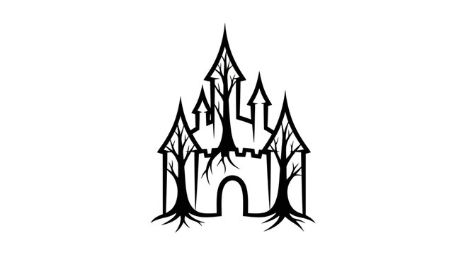 Spooky gothic castle illustration formed by intertwined tree roots and branches, mysterious fantasy vector art on white background.