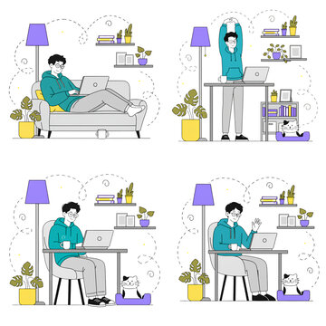 Young man in glasses working from home set with laptop on sofa desk and chair, stretching and waving on video call with cat, flat line vector illustration collection