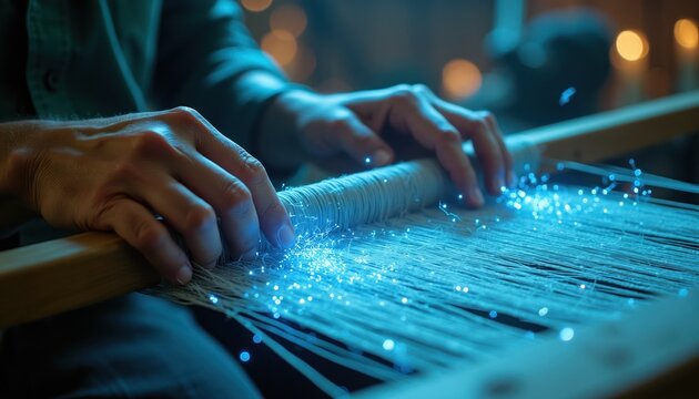 Hands weave glowing digital threads on a loom. Person uses fibers with blue light effect, creating new tech fabric. Concept of future textile industry innovation.