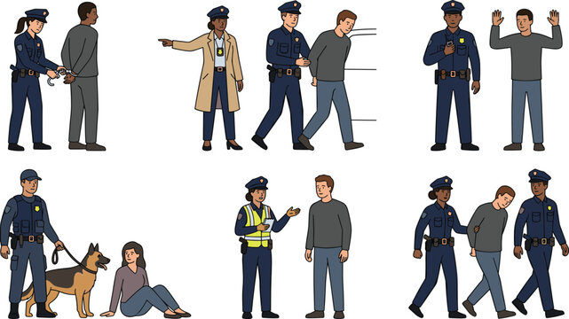 Police Officers and Suspects Vector Illustration Set Featuring Handcuffing, Arrests, Interrogations, Detective Investigation, Patrolling, and K9 Unit Searches