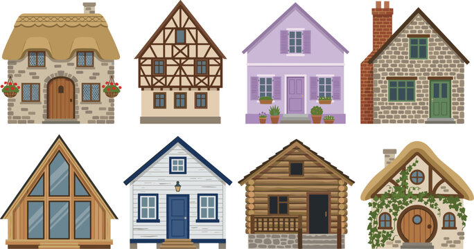 Traditional Houses Architectural Styles Icon Set with Cottage Cabin Half Timbered Chalet Log Cabin and Stone Village Dwellings Vector Illustration