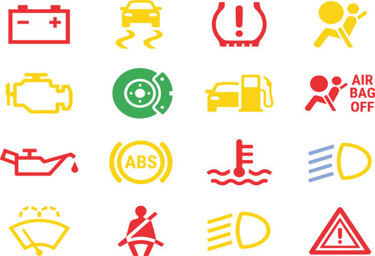 Car dashboard warning light vector icon set featuring engine check battery tire pressure and brake system symbols