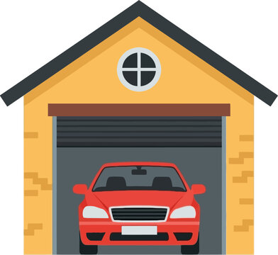Red Car in Garage Door Opening.