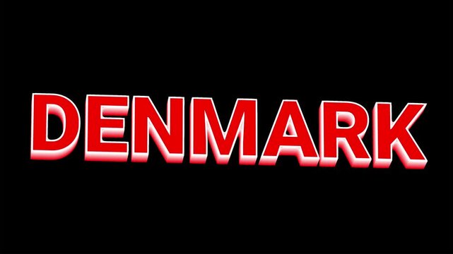 3D Denmark country text animation  -  Red and white national flag colors on a black background