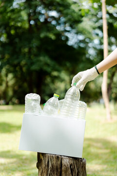 Hand in cotton glove placing an empty plastic bottle into a bin of other bottles for recycling, symbolizing sustainable waste sorting and community care for the environment