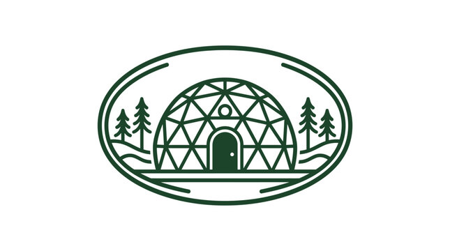 Geodesic dome glamping tent in forest emblem design.
