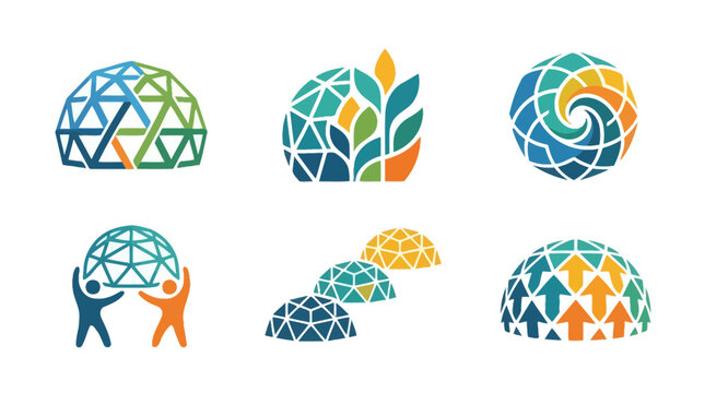 Geodesic dome structures and abstract geometric architectural icons.
