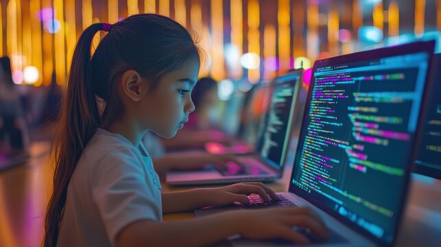 Young girl focused on coding on a laptop in a computer lab.