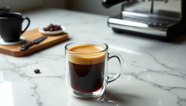 Fresh espresso served in double wall glass mug near coffee machine on marble counter. Morning beverage with crema foam. Beans in background.