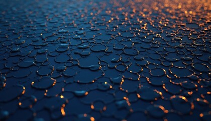 Fototapeta premium Abstract dark blue surface with irregular liquid like shapes. Reflecting warm orange light creating bright circular highlights. Close-up texture pattern background.