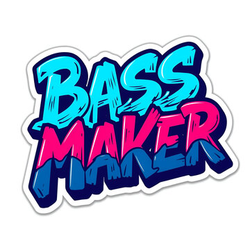 Graffiti style text "Bass Maker" in vibrant blue and pink colors, representing music production and DJ culture.