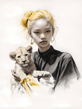 little girl with a lion
