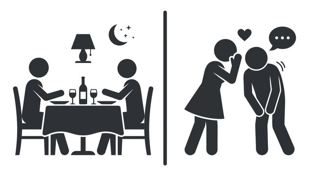 A split screen illustration showing a couple dining and then whispering to each other.