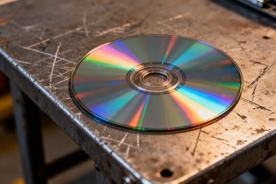 Iridescent CD on a Rustic Metal Table