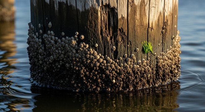 Close-up detailed macro photograph of weathered wooden post encrusted with barnacles and algae, bathed in warm sunlight with water reflection.