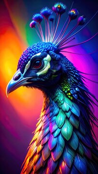 Vibrant Peacock Portrait with Iridescent Feathers Against Colorful Neon Background