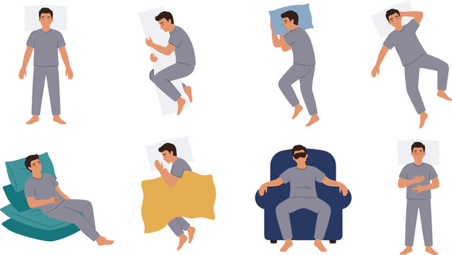Man Sleeping in Various Poses Vector Character Set with Different Sleep Positions Pillow Blanket Armchair and Nighttime Relaxation Elements