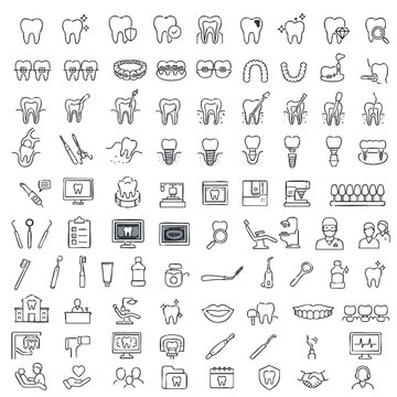 Dental care and dentistry line art icons set for health and hygiene.